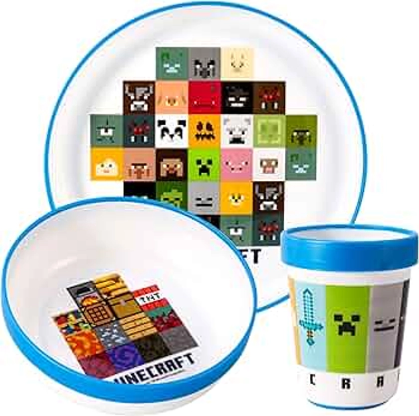 Minecraft 3pcs Reusable Bicolor Premium Kids Dinner Tableware Set Plate, Bowl & Tumbler, BPA Free