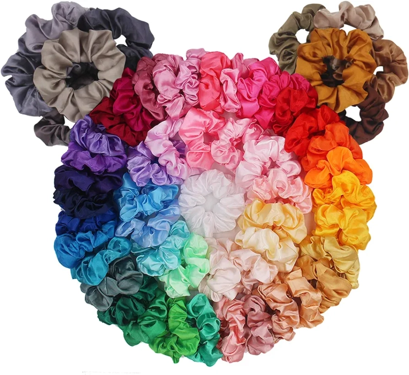 BeeVines 60 Packs Satin Silk Scrunchies for Hair, Silky Curly Hair Accessories for Women, Hair Ties Ropes for Teens, Scrunchies Pack Girl’s Gift