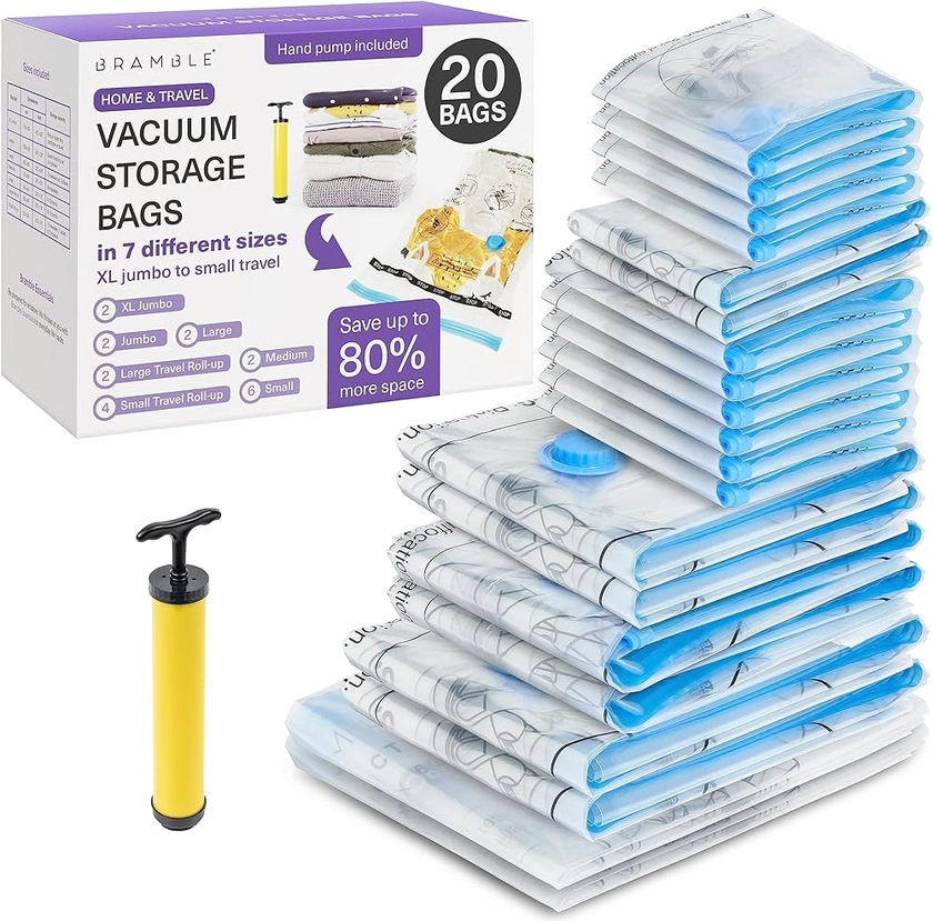 20 Pack Heavy Duty Vacuum Storage Bags Set with Pump, Compression Bags for Duvets, Clothes, Blankets - 2 XL Jumbo | 2 Jumbo | 2 Large | 2 Medium | 6 Small | 2 Travel Roll-up (L) | 4 Travel Roll-up (S) : Amazon.co.uk: Home & Kitchen