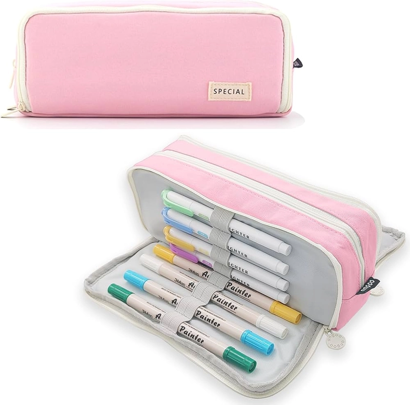 ONCCI Trousse à crayons avec 3 compartiments - Grande capacité - Pour adolescentes et filles - Pour l'école et le bureau, coton rose, Trousse à crayons