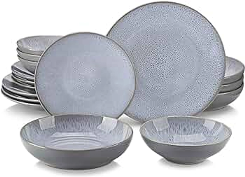 vancasso Karst Reactive Glaze Dinner Sets, Stoneware Vintage Look Grey Dinnerware Tableware, 16 Pieces Dinner Service Set for 4, Include Dinner Plate, Dessert Plate, Pasta Bowl and Cereal Bowl