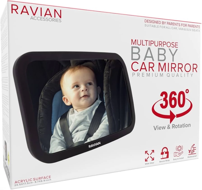 RAVIAN Espejo de coche para bebé para asiento trasero - Espejo de asiento de coche más seguro con vista cristalina, a prueba de roturas, espejo retrovisor ajustable (paquete de 1)