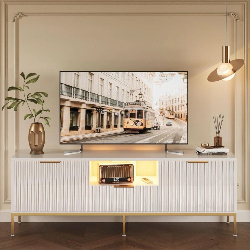 Bestier 55" LED TV Stand for TVs up to 60" Modern High Gloss Entertainment Center with Drawers Cabinets Fluted TV Console, White & Gold - Walmart.com