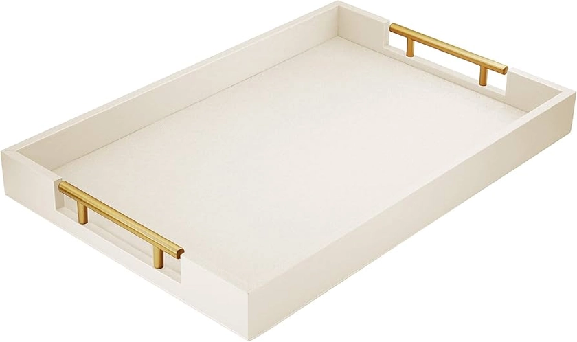 Amazon.com: ATZYmolin 17" x 12" Wood Serving Tray with Gold Polished Metal Handles, Home Decorative Wooden Rectangle Ottoman Leather Decor Platter Bathroom Vanity Tray for All Occasions White : Home & Kitchen