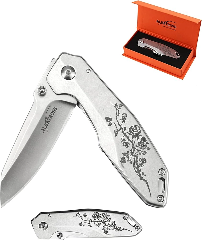 Amazon.com: ALBATROSS 7" EDC Simple Practical Folding Knife Liner Lock Pocket Knife with 8Cr14MoV Steel Blade,Rose pattern Stainless steel Handle,Belt Clip and Orange Gift Box : Tools & Home Improvement
