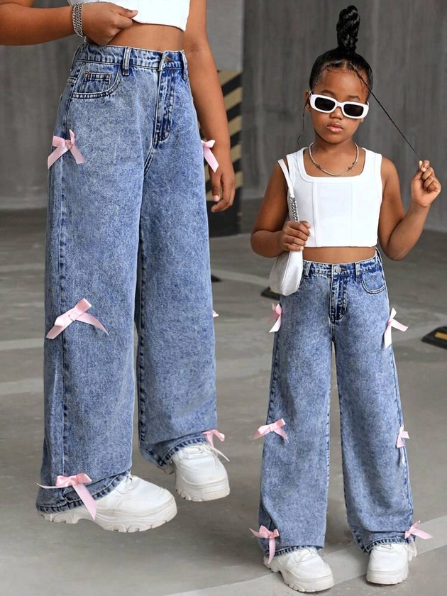 SHEIN Tween Girls Y2K Trending Stonewashed Baggy Denim Straight Leg Jeans Pants With Bowknot Decorated Pockets,Girls Fall Clothes Back To School Outfits