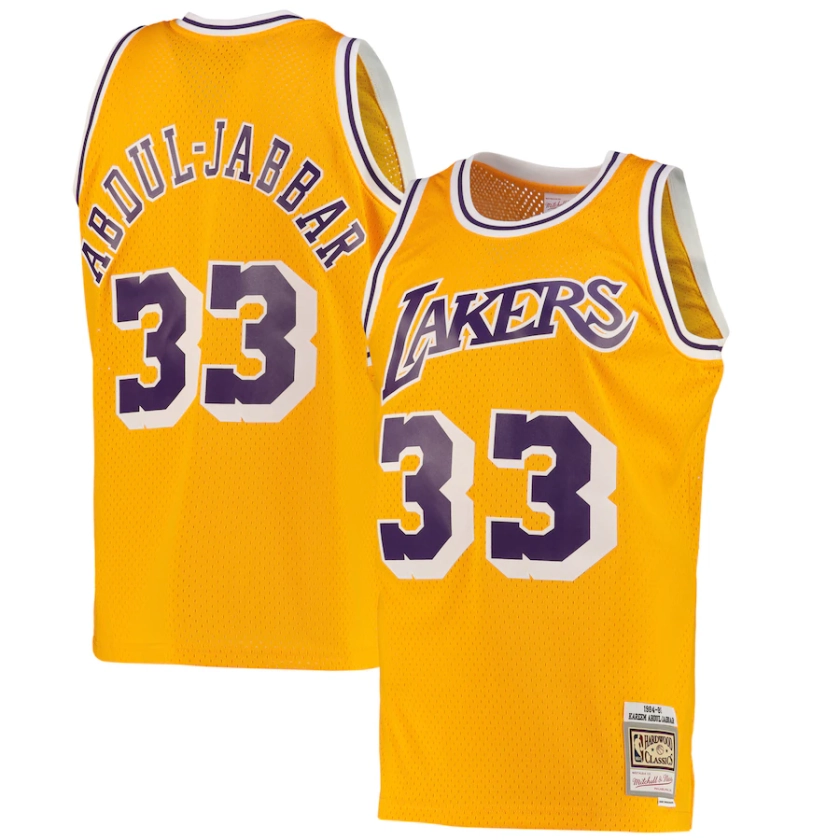 Los Angeles Lakers Kareem Abdul-Jabbar Road Swingman Jersey By Mitchell & Ness - Light Gold - Mens