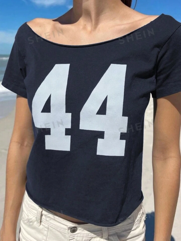 SHEIN EZwear Women's Summer Digit Printed Asymmetrical Neck Short Sleeve Casual T-Shirt | SHEIN USA
