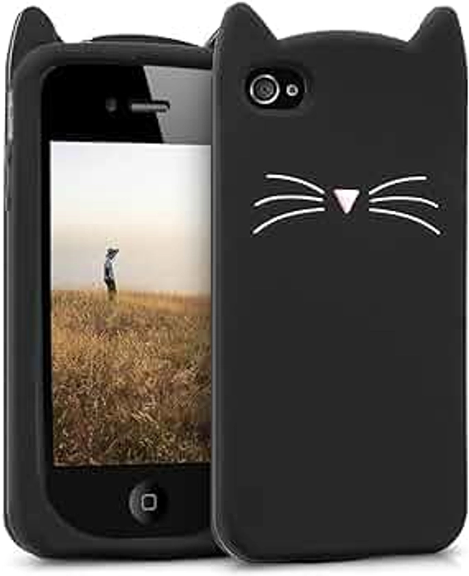 kwmobile Case Compatible with Apple iPhone 4 / 4S - Cat Case Soft Cute Protective Silicone Cover - Black/White