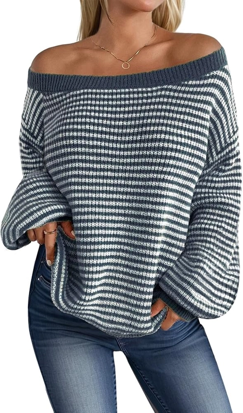 MARZXIN Women's 2024 Fall Long Sleeve Sweaters Casual Loose Striped Off Shoulder Casual Oversized Knitted Sweater Pullovers