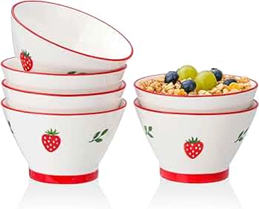 Porcelain Bowls Set Strawberry 5 Inch Cereal Bowls Set of 6, Bowls for Dessert, Ice cream, Soup, Rice, Fruits, 12.3 OZ