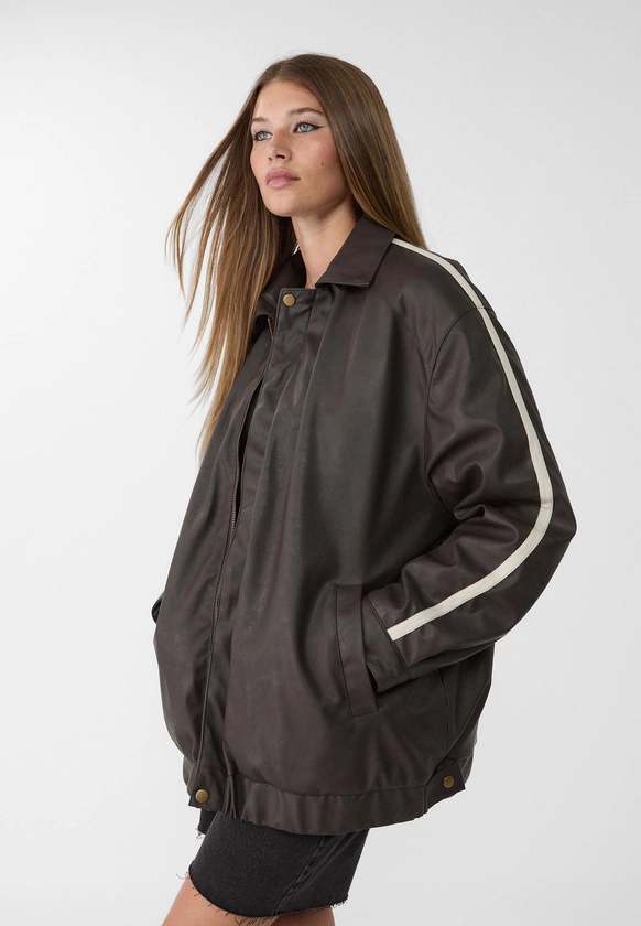 Leather effect jacket with trim detail - Women's Jackets | Stradivarius United States