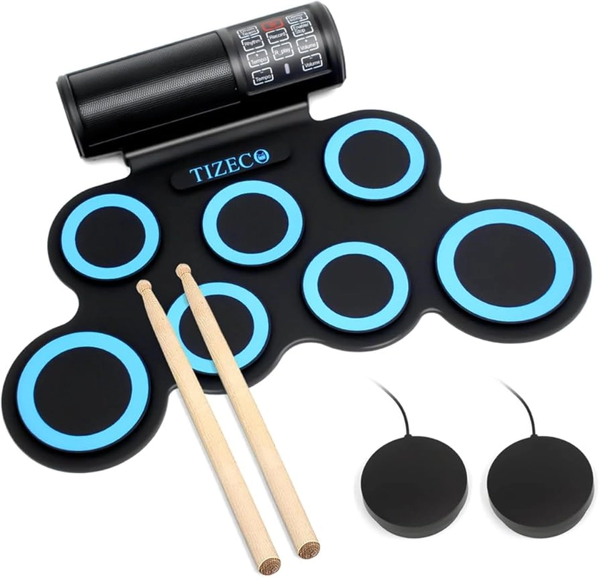 Electric Drum Set,7 Drum Pads with Headphone Jack,Roll-up Electronic Drum Kit with Foot Pedals and Drum Sticks,Built-in Speaker (Blue)