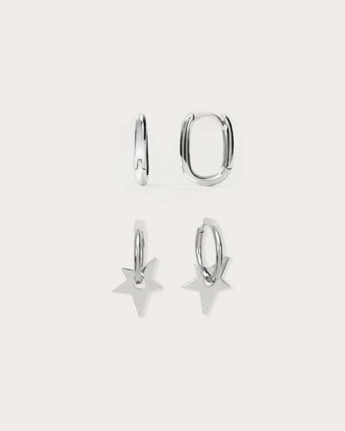 Silver Star Hoop Earrings Set