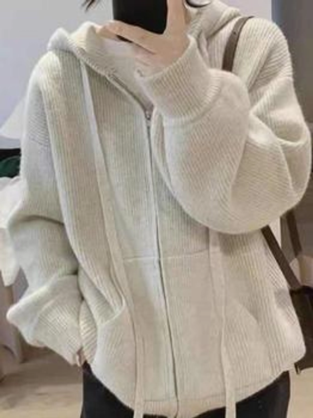 Solid Hooded Zip Up Knit Cardigan