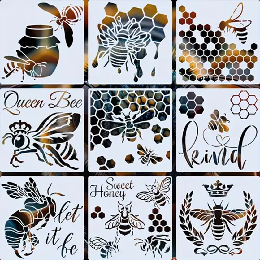 Honeybee Pattern 9pcs/set 5.91x5.91 Inches Painting Stencils For Wood, canvas, paper, fabric, floor, book, frame, wall, furniture, glass.Honeybee, que