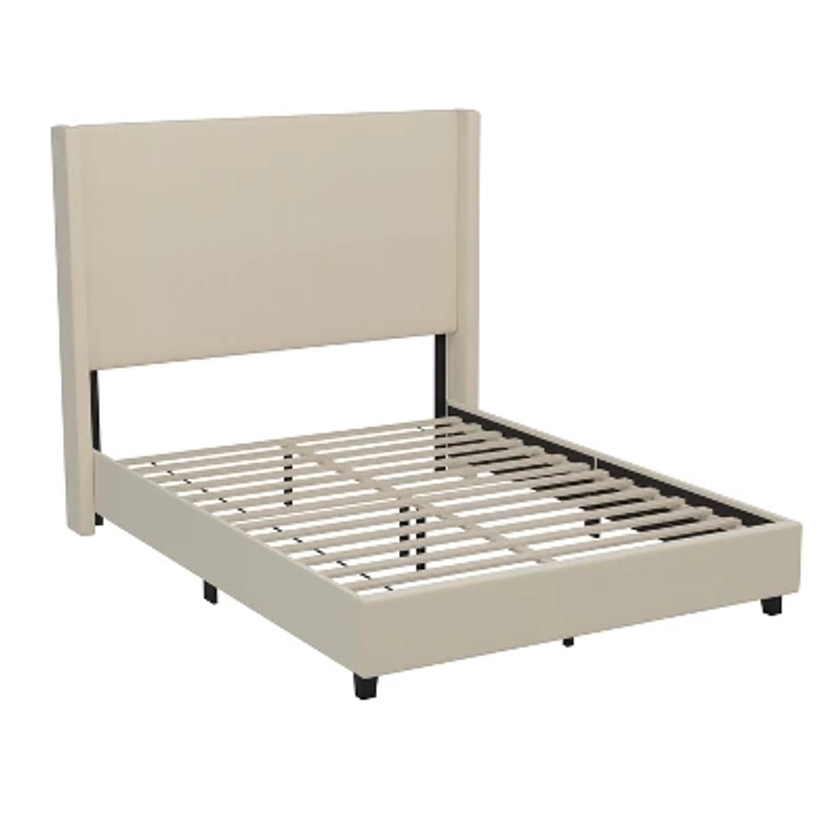 Merrick Lane Modern Queen Size Platform Bed Frame with Padded Faux Linen Upholstered Wingback Headboard and Wood Support Slats in Beige