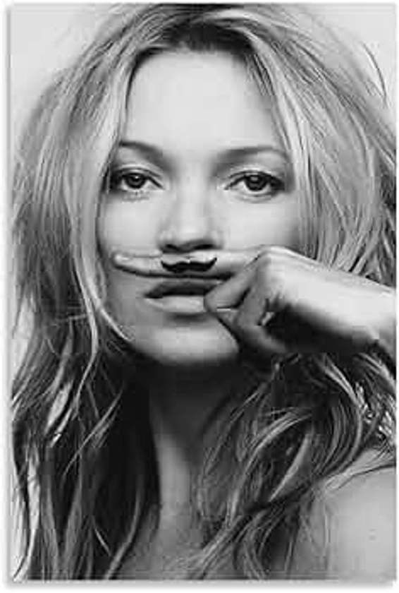 HAROLA Kate Moss, Mustache, Black And White Photograph Poster Wall Art Poster Scroll Canvas Painting Picture Living Room Decor Home Framed/Unframed 08x12inch(20x30cm)