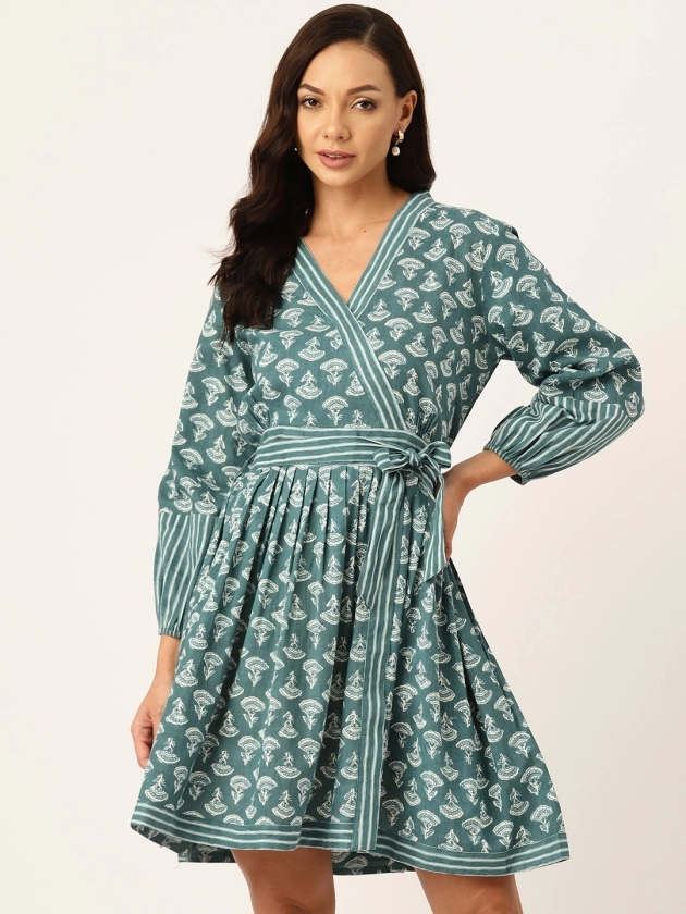 Stylum Teal Floral Print Puff Sleeve Fit & Flare Dress