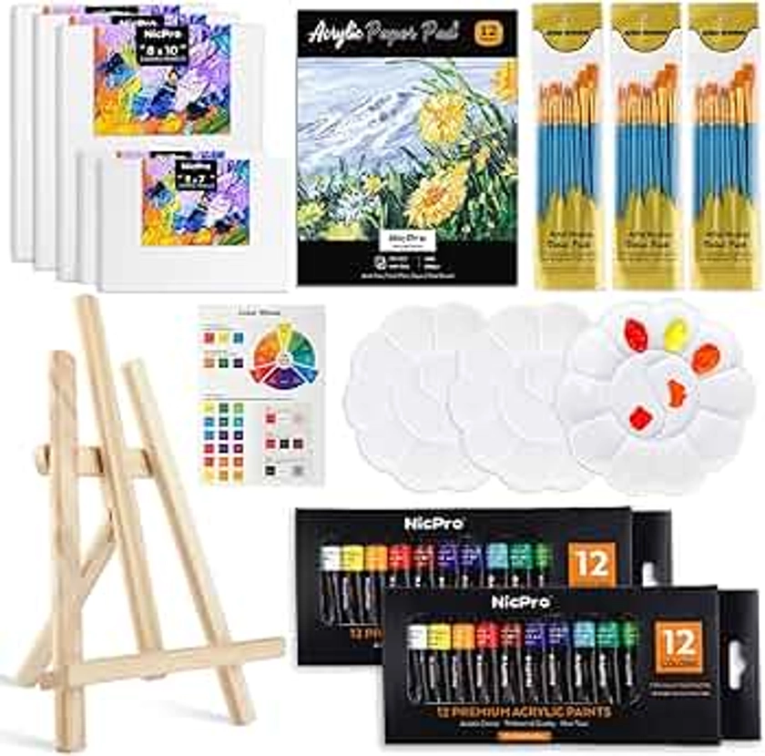 Nicpro 65PCS Acrylic Paint Canvas Set, Kids & Adults Art Painting Supplies Kit with 2 Set of Acrylic Paint (12 Colors), 30 Paint Brushes,5 Canvas,Wood Easel,3 Palette,A5 Paper Pad for Beginner Artists