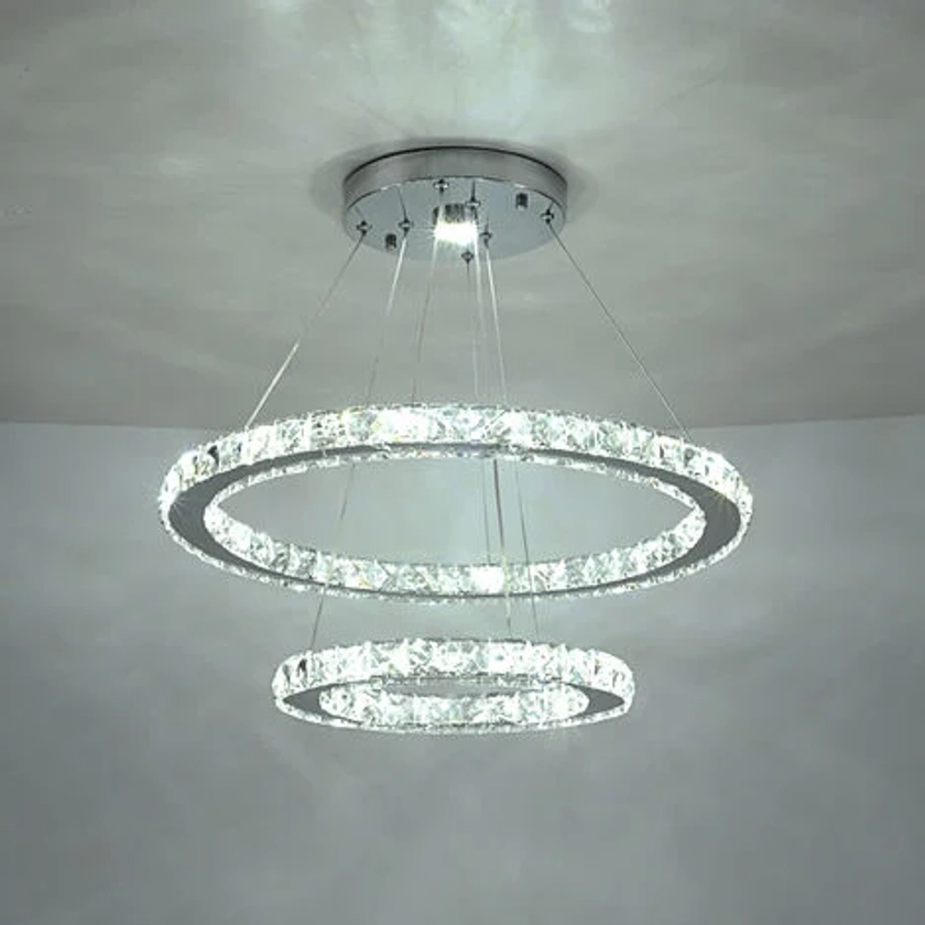 Lustre en cristal moderne à LED 19,7 x 11,8 pouces plafonnier suspendu 2 anneaux luminaires en acier inoxydable réglables salle à manger salon