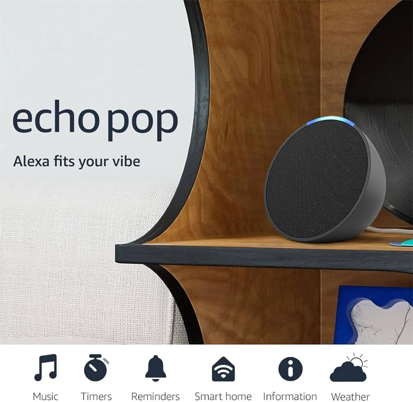 Amazon Echo Pop (newest model), Fits in any room, Our smallest Alexa speaker, Charcoal