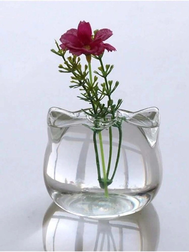 1 pièce Vase en verre hydroponique en forme de chat, bouteille de plantation de chat de dessin animé de décoration à la maison, vase de mini-arrangement de fleurs de table