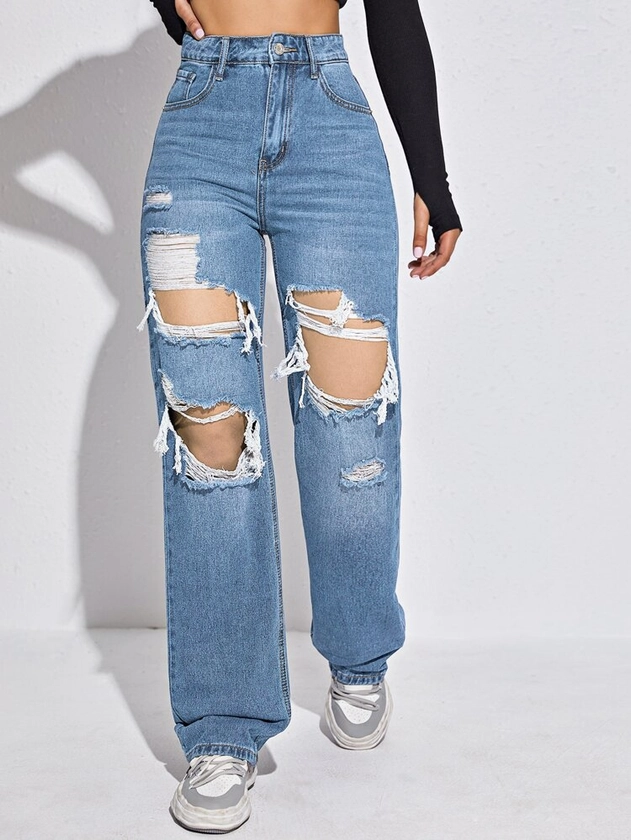 High Waist Ripped Straight Jeans