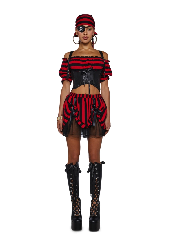 Sexy Womans Halloween Costume Pirate Maiden Ren-Fair Costume - Red/Black Stripe