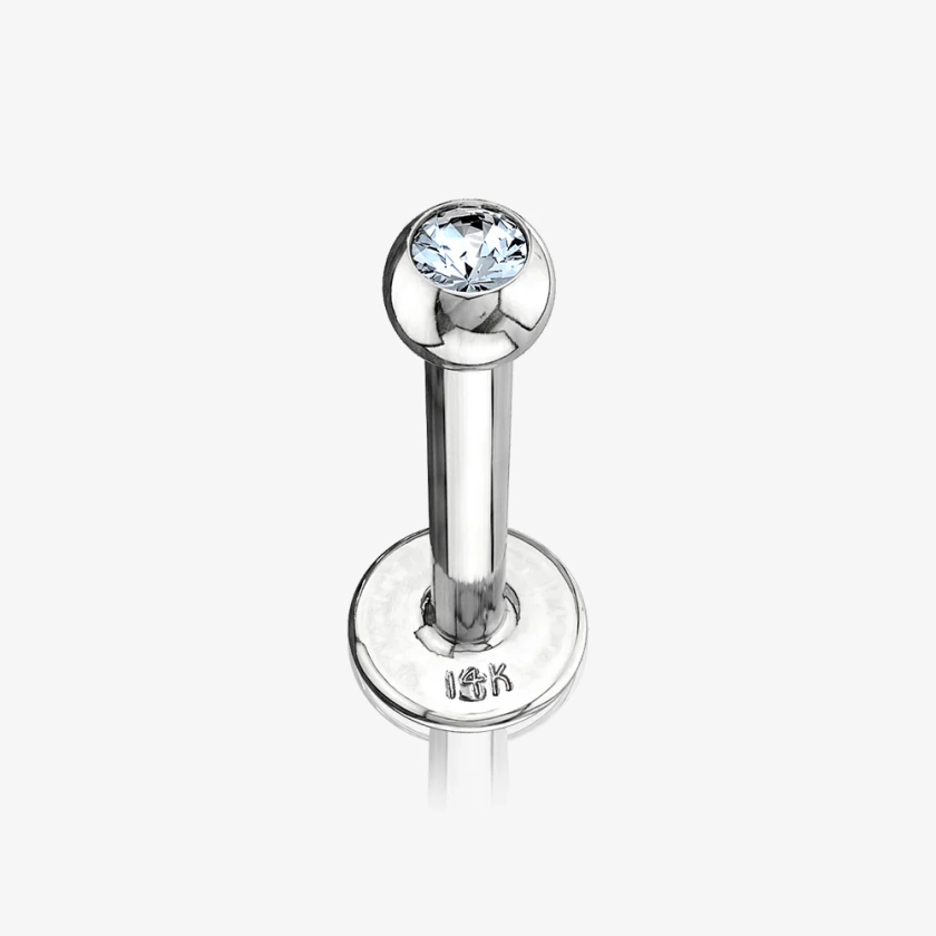 14 Karat White Gold Gem Ball Top Flat Back Stud Labret-Clear Gem - BM25.com