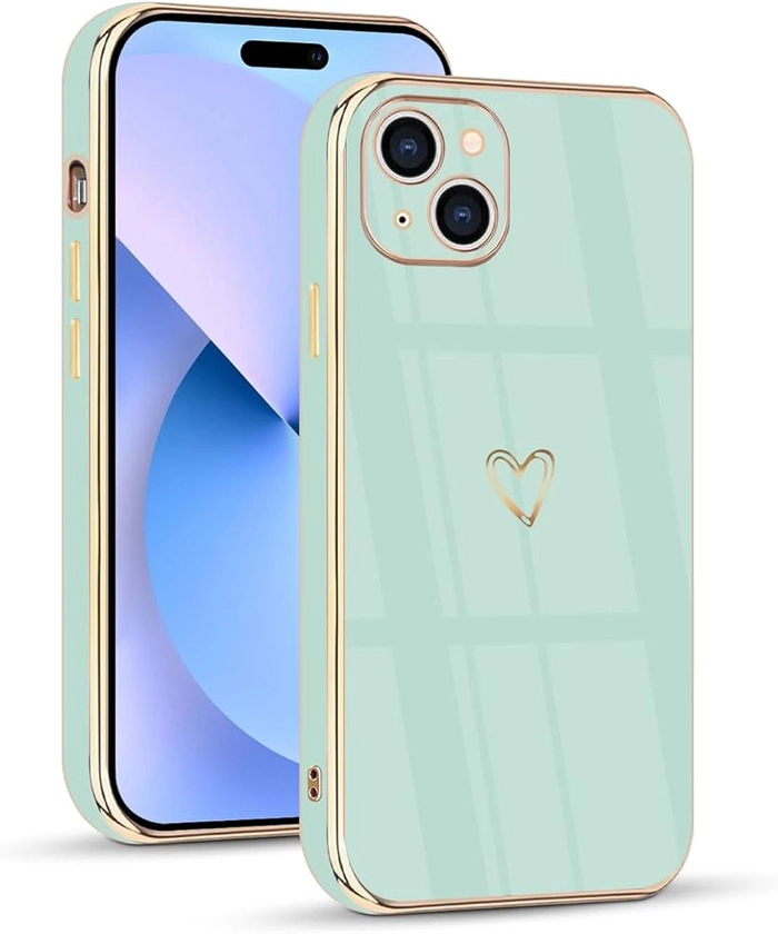 HopMore Phone Case for iPhone 15 Case Silicone for Girls Women, Soft Flexible TPU Case with Hearts Pattern Design Shell Slim Thin Shockproof Protective Cover for iPhone 15, Mint Green