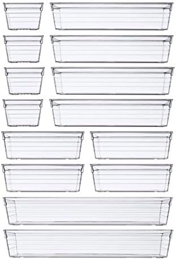 14 PCS Clear Plastic Drawer Organizer Tray for Makeup, Kitchen Utensils, Jewelries and Gadgets