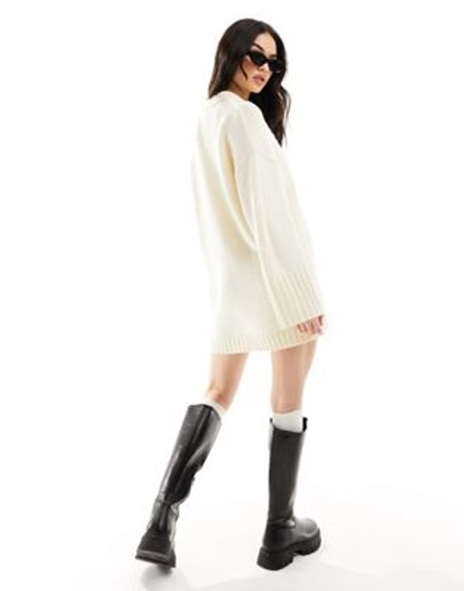 ASOS DESIGN knitted crew neck mini dress with wide sleeve and rib hem in cream | ASOS