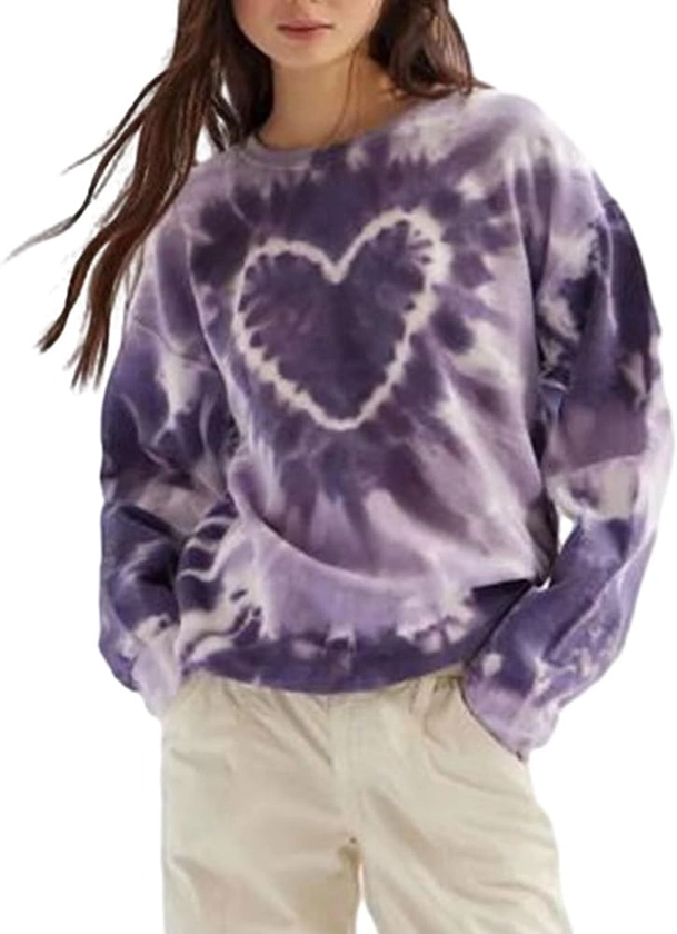 Miolasay Women Valentine's Day Tie Dye Sweatshirts Y2k Long Sleeve Heart Print Pullover Tops Crew Neck Loose Fit T-Shirt