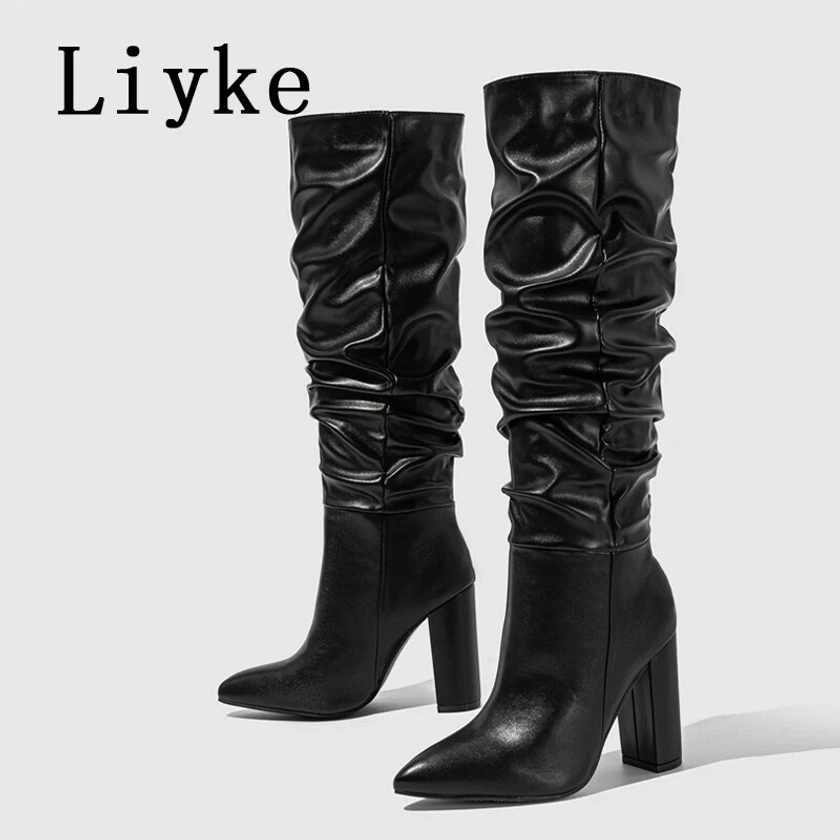 VEYKE-Bottes sulfen Cuir Plissé Blanc pour Femme, Talons Épais, Chaussures de Moto, Hauteur Genou, Taille 35-42, Automne Hiver - AliExpress