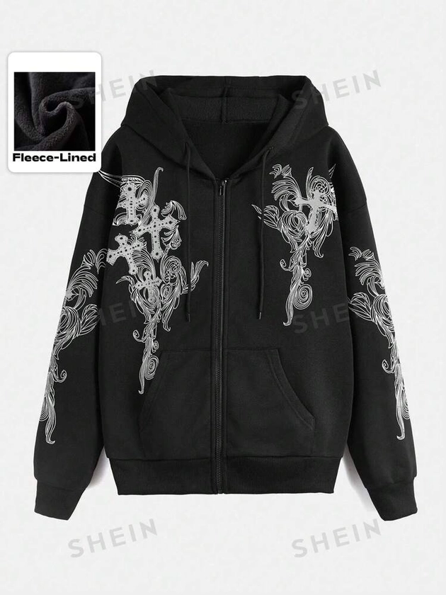 ROMWE Grunge Punk Women's Cross-Print Zipper Half-Fly Hooded Sweatshirt, School