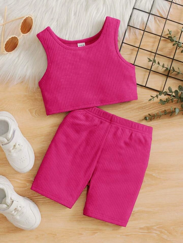 SHEIN Young Girl 2pcs/Set Casual Solid Color Vest Top & Shorts