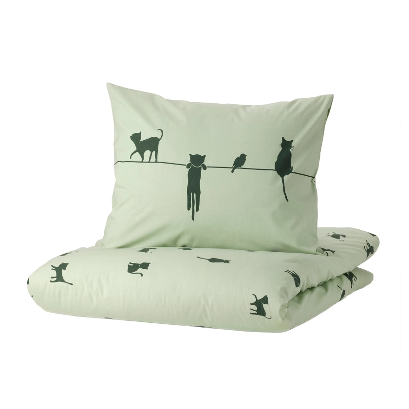BARNDRÖM Duvet cover and pillowcase(s) - cat pattern/green Twin