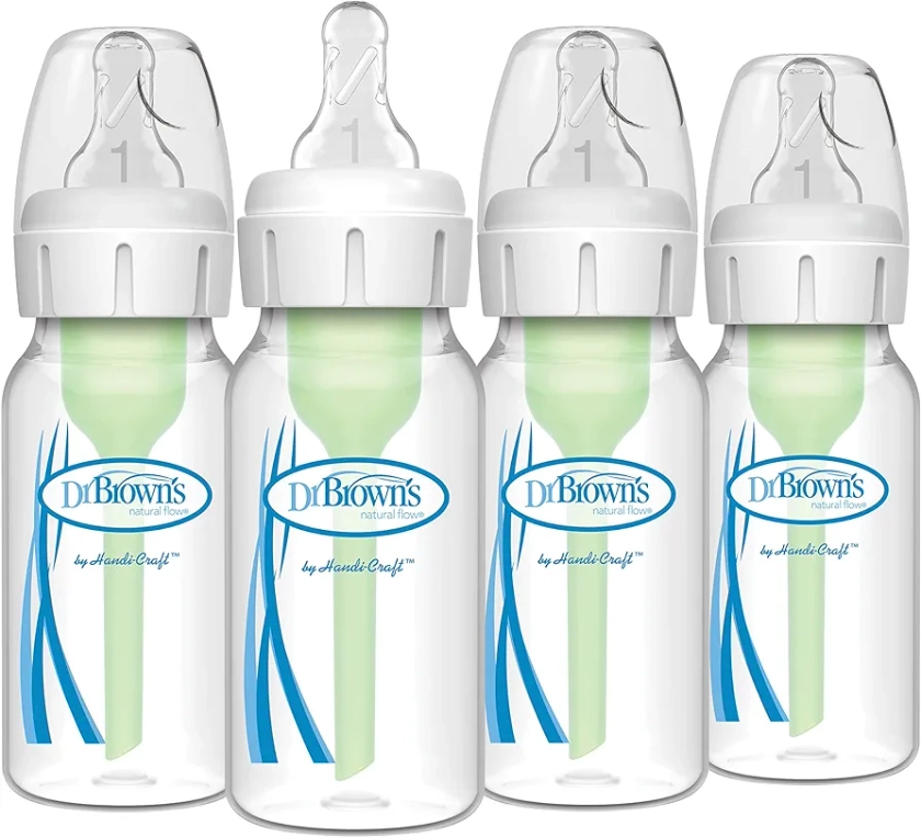 Dr. Brown's Natural Flow Anti-Colic Options+ Narrow Baby Bottle, 4 oz/120 mL, with Level 1 Slow Flow Nipple, 0m+, 4 Bottles