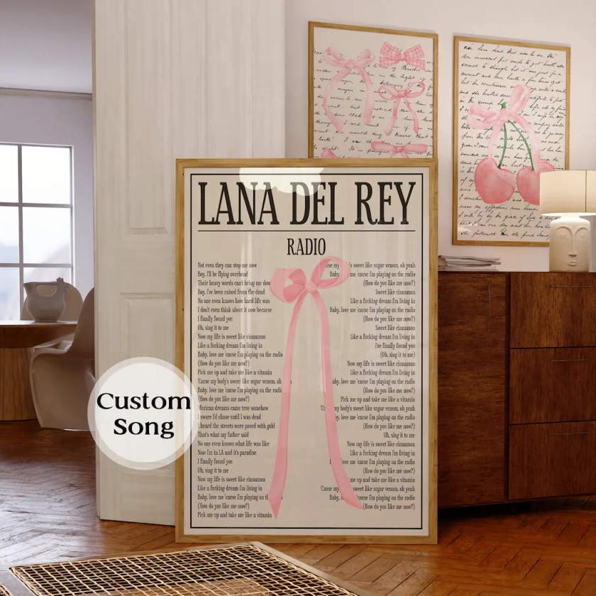 Personalized Lana Del Rey Song Poster, Custom Lyric Poster, Balletcore Wall Art, Coquette Room Decor, Coquette Bow, Dorm Room Wall Decor