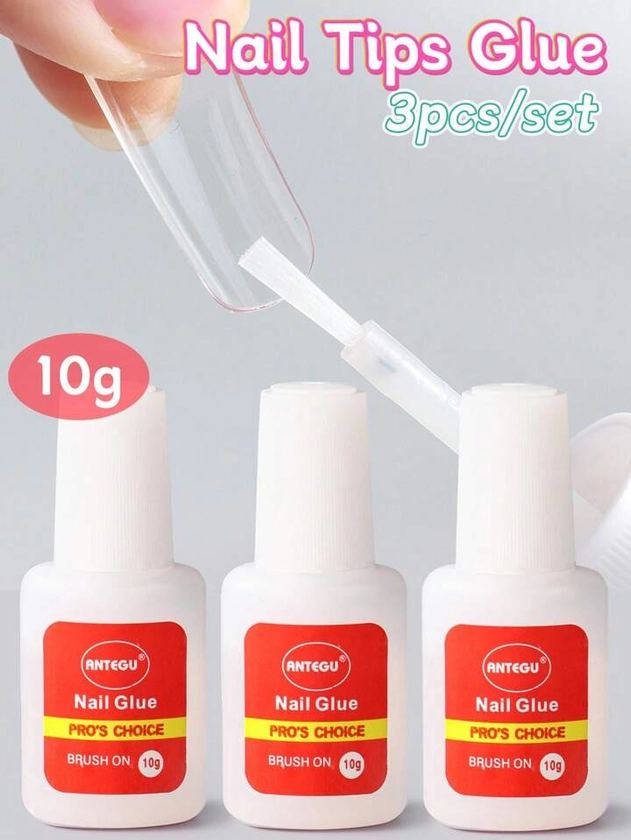 FULL BEAUTY 3pcs/Set 10g Transparent False Nail Tips Glue Gel,Soft Nail Tips Gel Small Drilling Adhesive, Extension Adhesive Quick Drying Long Lasting Manicure Tool With Brush