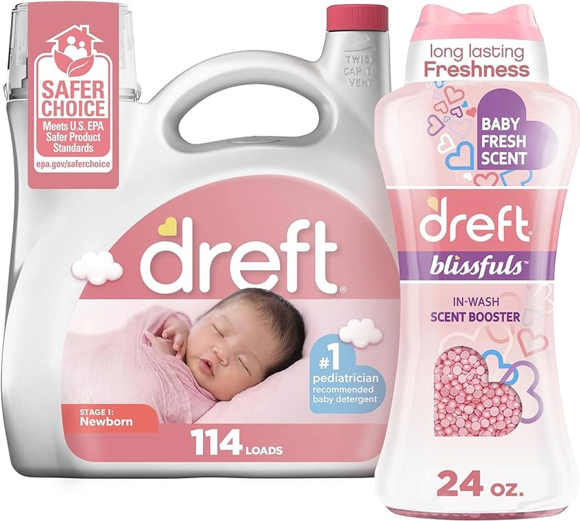 Amazon.com: Pacote de Dreft Estágio 1: Detergente líquido para roupas para bebês recém-nascidos 114 cargas 4,879 ml + contas estimuladoras de perfume Blissfuls In-Washing, perfume fresco para bebê, 680 g : Saúde e Casa