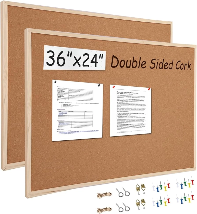 24” x 36” Cork Boards for Walls with Wooden Frame 2pack, Double Sided Office Board for Wall Organizer, Bulletins Board Decorative Hanging Pin Board for School, Home & Office, Notice Board Memo Board