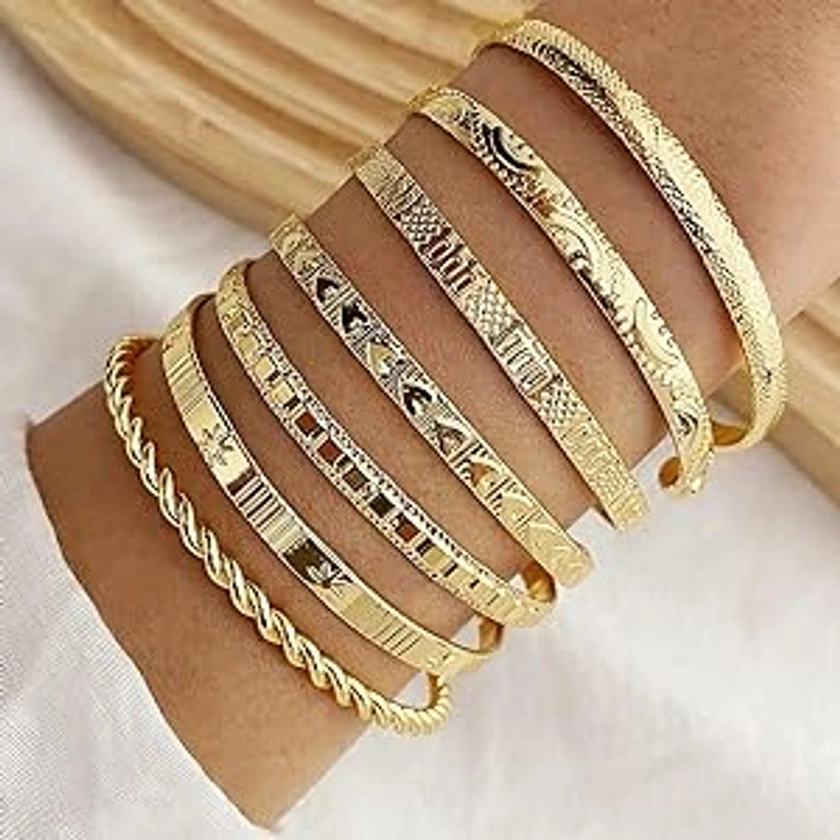 KISS WIFE Gold Cuff Bracelets Set for Women Girls, Layered Stackable Open Adjustable Bangle Bracelets, Trendy Jewelry Gift for Her