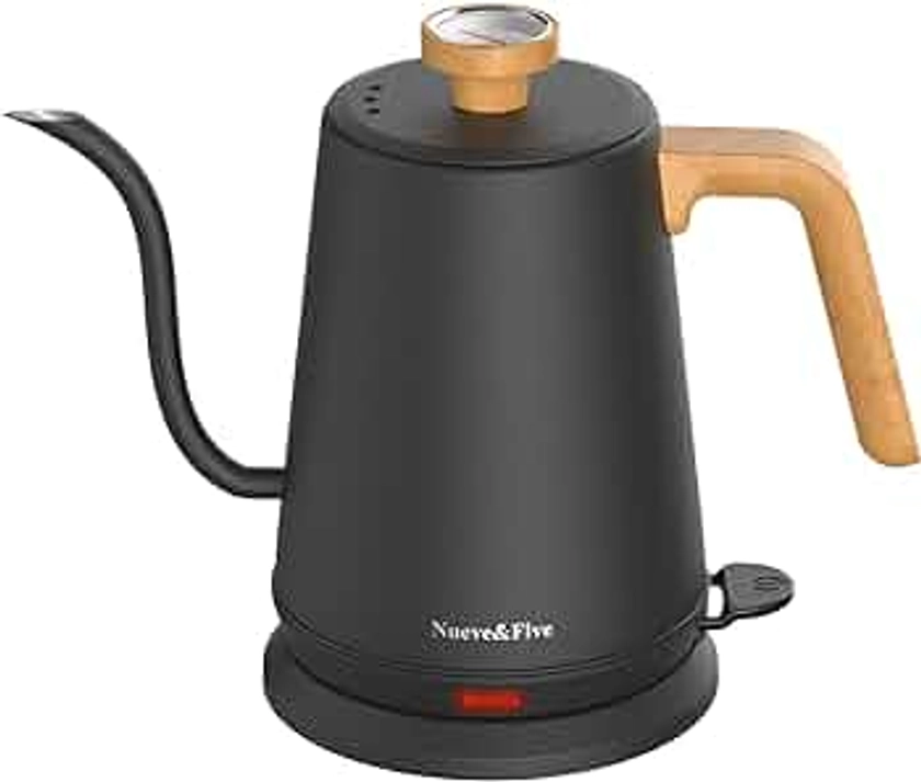 Nueve&Five Gooseneck Electric Kettle with Thermometer， Black Electric Kettle 1L with Auto Shut-Off，1000W Hot Water Kettle of Stainless Steel， Pour Over Kettle for Coffee & Tea