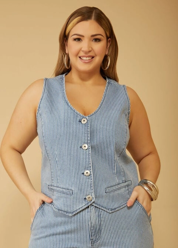 Plus Size Pinstriped Denim Vest Plus Size Maxi Skirt Matching Set