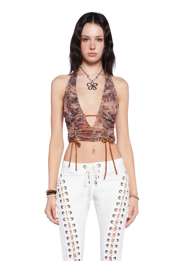 Current Mood Stretchy Mesh Ruched Butterfly Halter Top - Brown