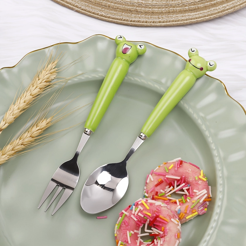 2pcs Creative Stainless Steel 430 Spoon And Fork, Cute Cartoon Frog Portable Spoon Fork Set, Student Portable Takeaway Tableware