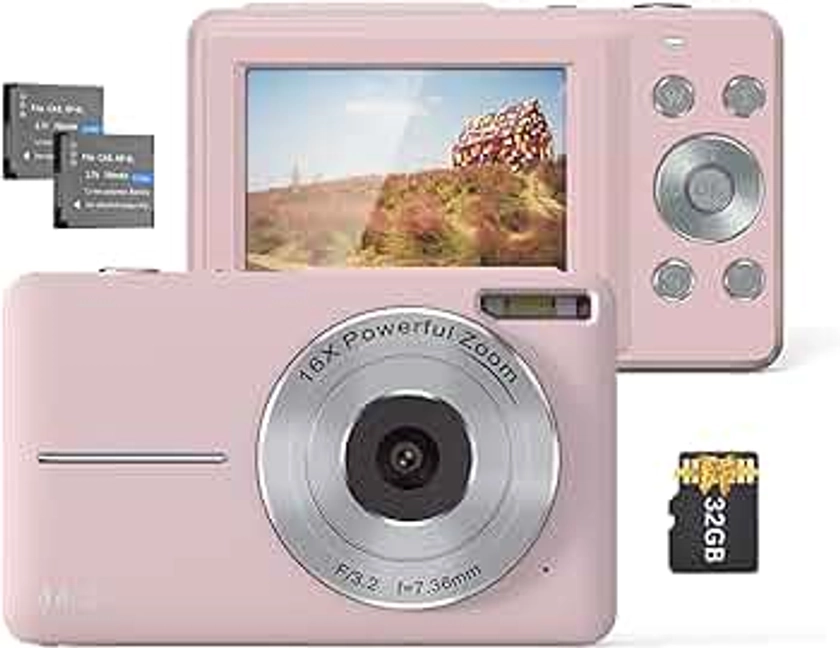 Camnoon 1080P Digital Camera Video Camcorder 44MP Auto Focus 2.5 IPS Screen 16X Digital Zoom Anti-shake with 32GB Memory Card 2pcs Batteries for Kids Pink