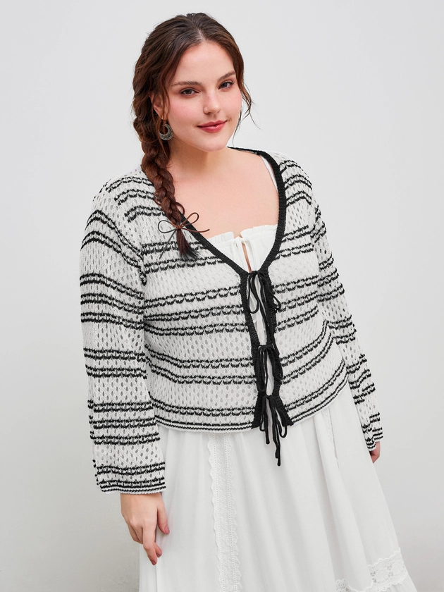 Knit V-neck Striped Hollow Out Tie Front Cardigan Curve & Plus